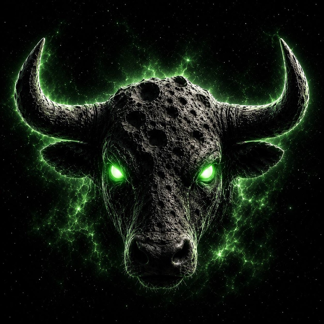 Glowing green cosmic bull head, the $BULLCOIN mascot